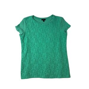 Talbots Blouse Top Womens Petite S Bright Green Decorative Lace Design Crew Neck